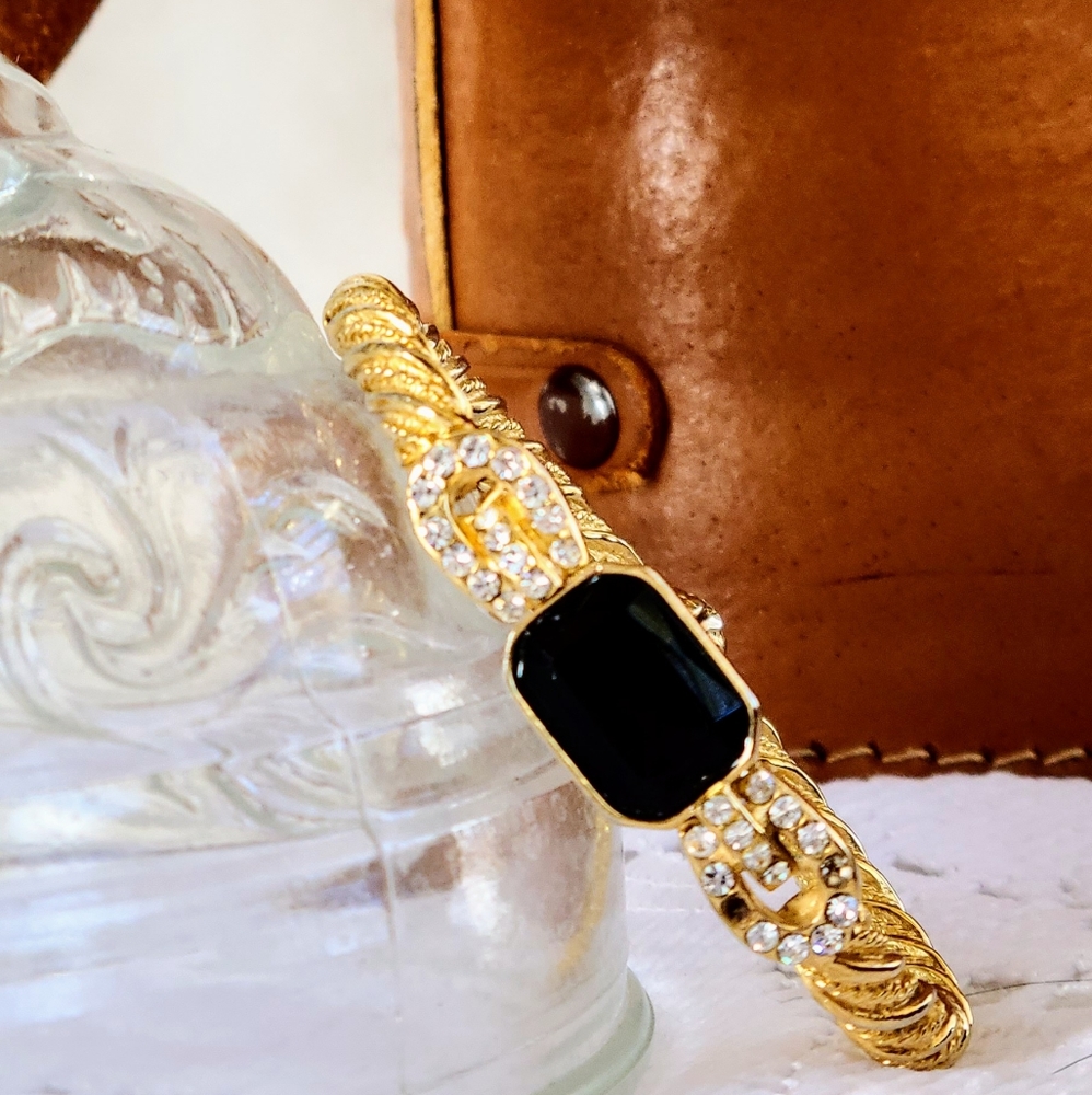 Gold Rope Hinge Bangle with Black Center Stone